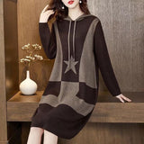 Contrast Color Star Printed Hooded Knitted Dress