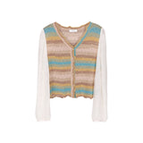 Contrast Color Striped Lace Knitted V-neck Shirt