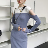 off-Shoulder Sweater Retro Patchwork Knitted Dress