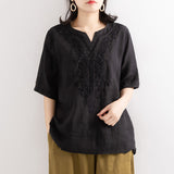 Cotton and Linen Shirt Embroidered Short-Sleeved Top