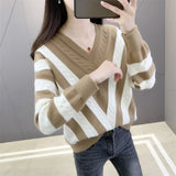 Elegant V-neck Striped Contrast Color Sweater