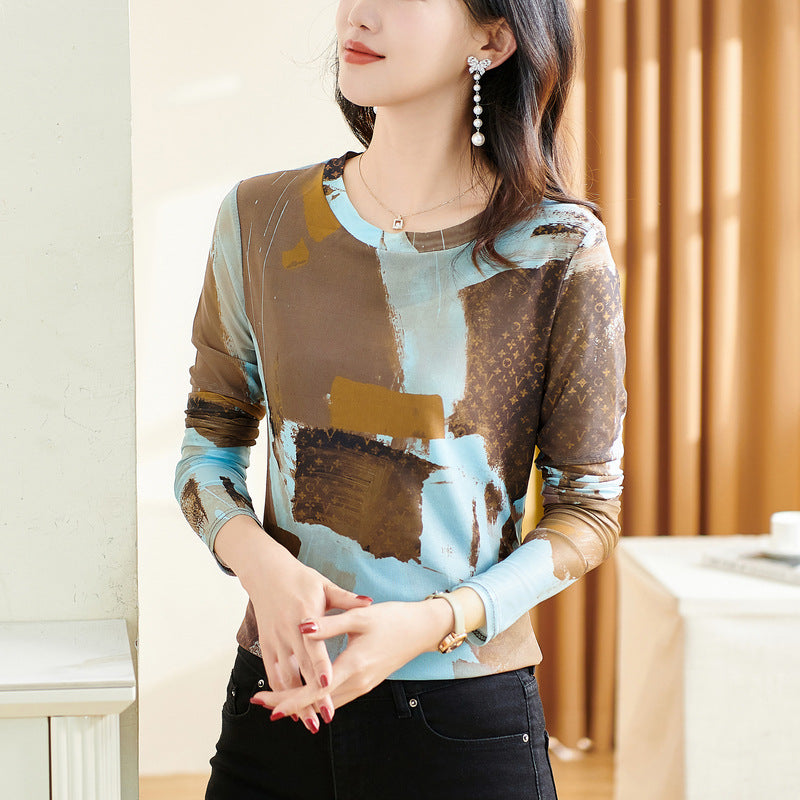 Retro Casual round Neck Printed Bottoming Shirt
