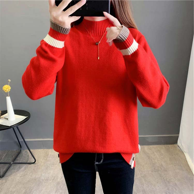 Multi-Colored Half-Turtleneck Loose Knitted Sweater