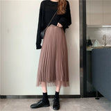Pleated Mid-Length Mesh Skirt