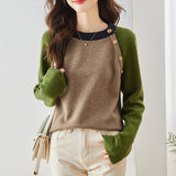Stitching Contrast Color round Neck Knitted Sweater