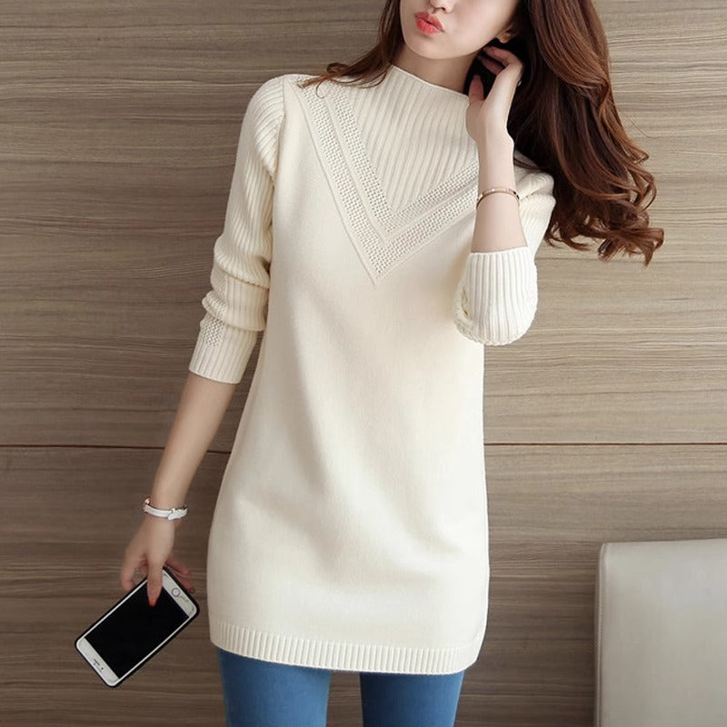 Pure Color Half Collar Mid-Length Knitted Sweater