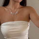 Rhinestone Heart Tassel Clavicle Chain Necklace