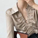 Elegant Hollow Pleated Satin V-neck Shirt