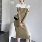 off-Shoulder Sweater Retro Patchwork Knitted Dress