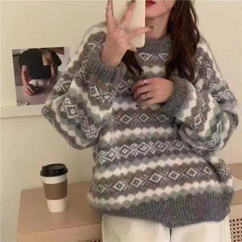 Color Block Rhombus Loose Lazy Style Knitted Sweater