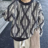 Vintage Diamond Lattice Round Neck Knitted Sweater