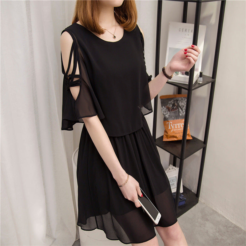 Solid Color Short Sleeve High Waist Off-the-Shoulder Dress