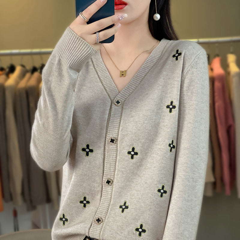 Embroidered Flower Sweater Women Solid Colour Pure Fashion Top