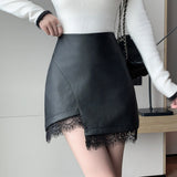 High Waist Stitching Lace Short Leather Skirt