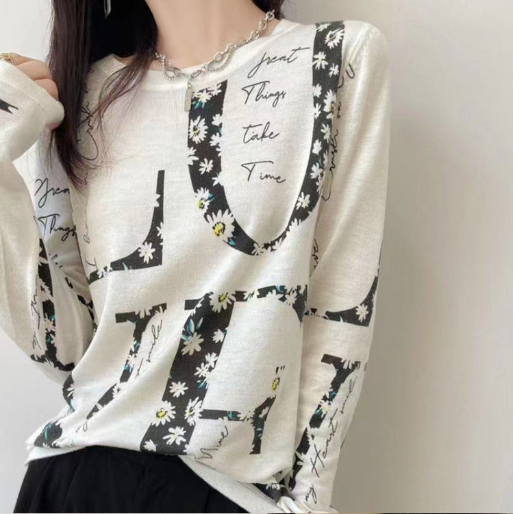 Letter Printed V-neck Knitted Thin Sweater