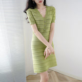 V-neck Green Hollow Knitted Dress