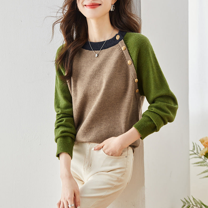 Stitching Contrast Color round Neck Knitted Sweater