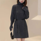 Solid Color Waist Tight Knitted High Collar Sweater Dress