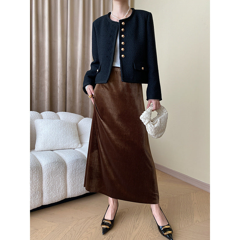 Solid Color Slim a-Line Long Velvet Skirt