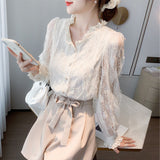 Lace V-Neck Embroidered Lace Long Sleeve Blouse