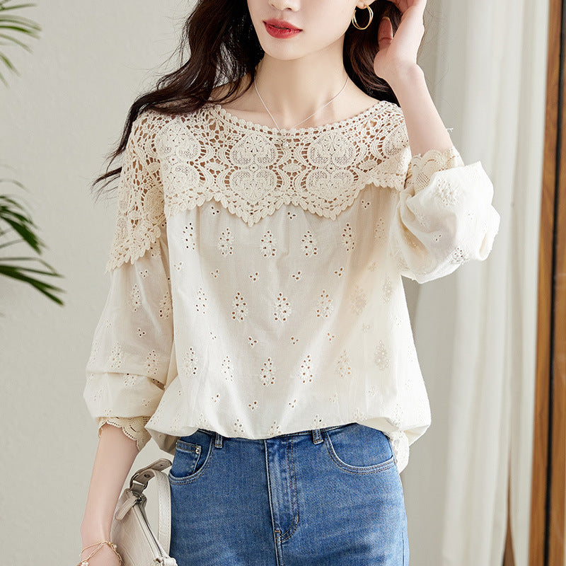 Apricot Lace Hollow-out Short-Sleeved Shirt