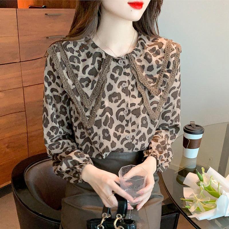 Leopard Splicing Lace Trim Shirt