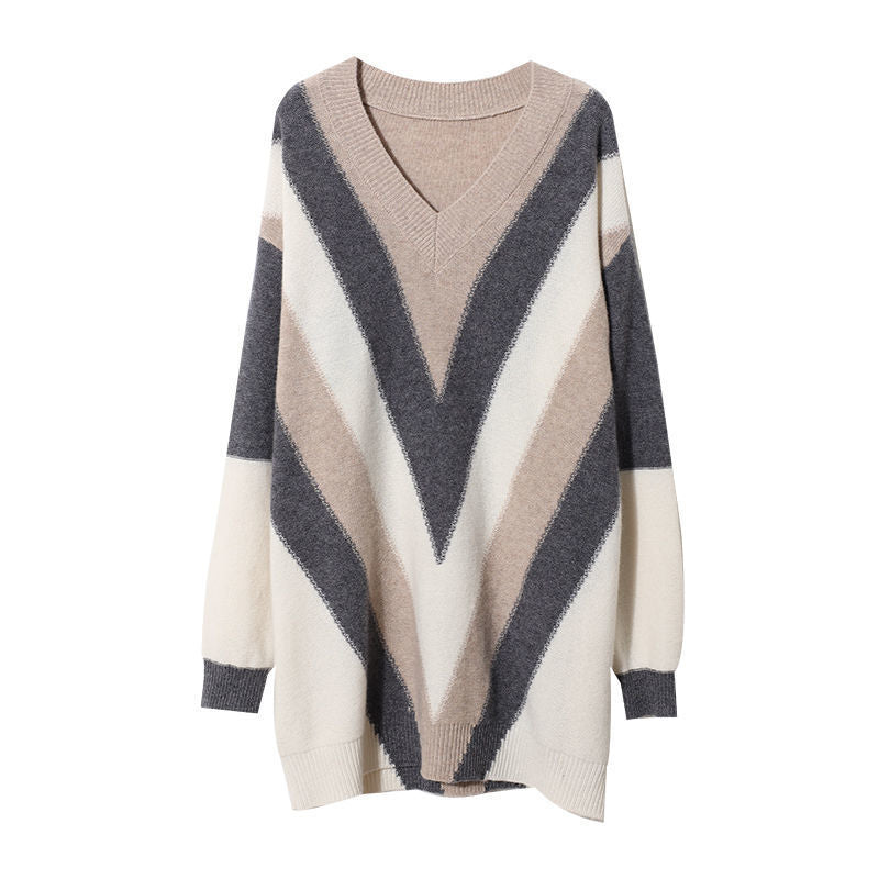 Contrast Color Striped Mid-Length Knitted Sweater