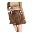Brown High Waist Wide Leg A- line PU Leather Shorts
