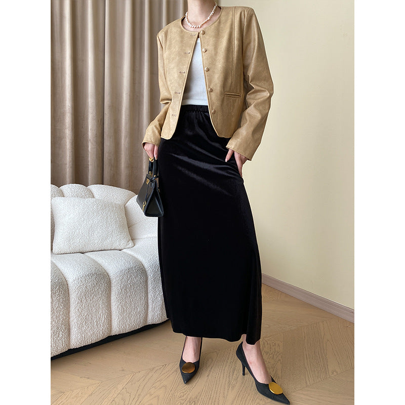 Solid Color Slim a-Line Long Velvet Skirt
