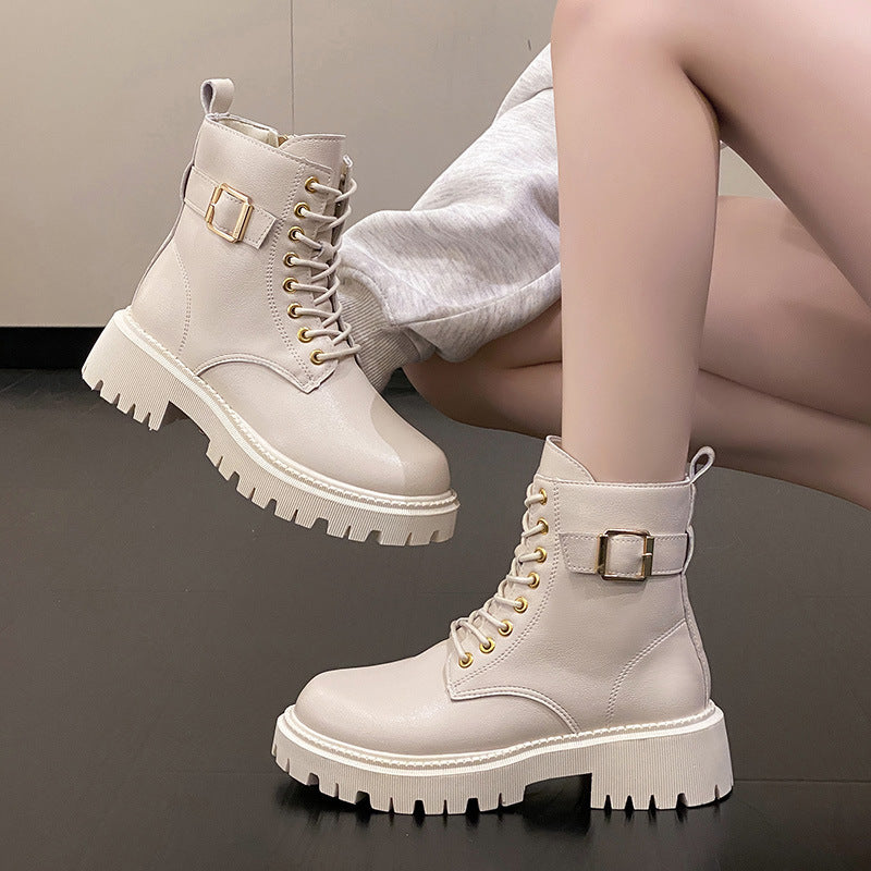 Low-Cut Lace-up Belt Buckle Chunky Heel Ankle Boots