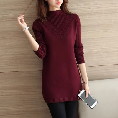 Pure Color Half Collar Mid-Length Knitted Sweater