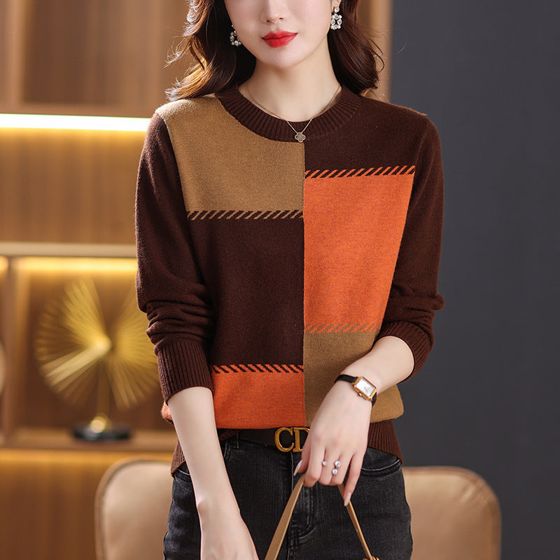Retro Slimming Color Block Knitted Sweater