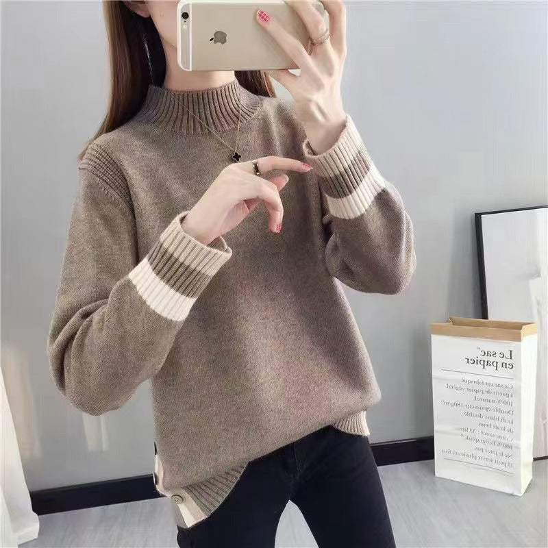 Multi-Colored Half-Turtleneck Loose Knitted Sweater