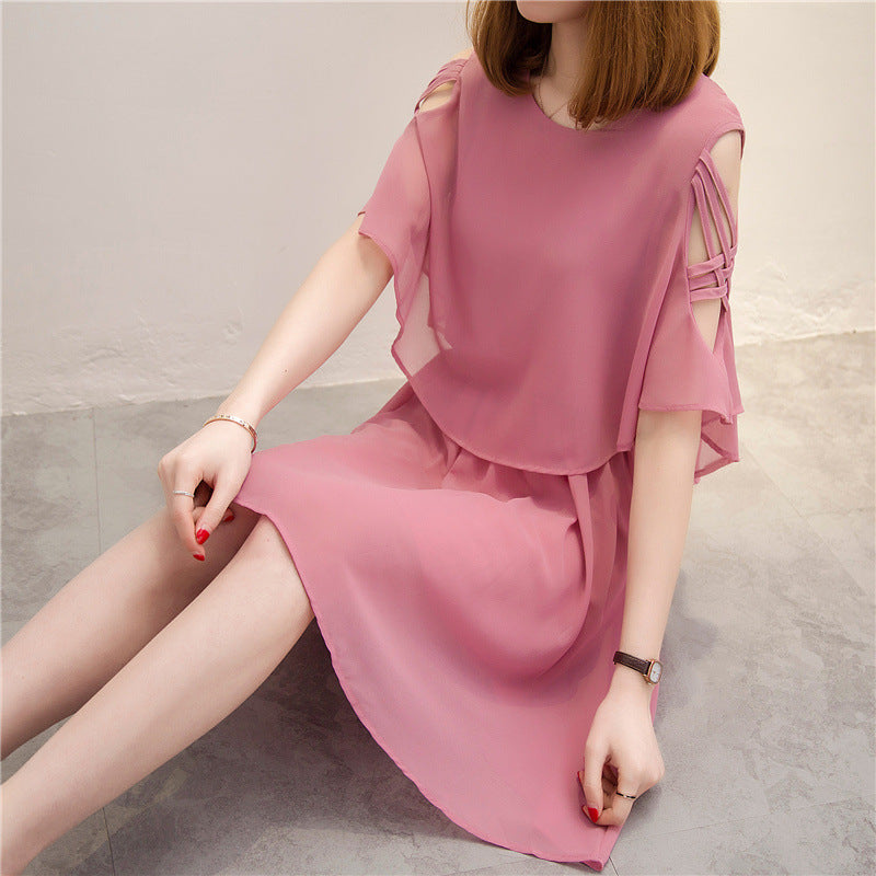Solid Color Short Sleeve High Waist Off-the-Shoulder Dress
