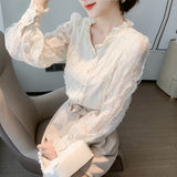 Lace V-Neck Embroidered Lace Long Sleeve Blouse
