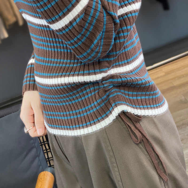 Vintage Polo Neck Slim Fit Striped Knit Sweater