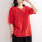 Cotton and Linen Shirt Embroidered Short-Sleeved Top