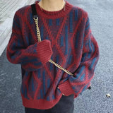Vintage Diamond Lattice Round Neck Knitted Sweater