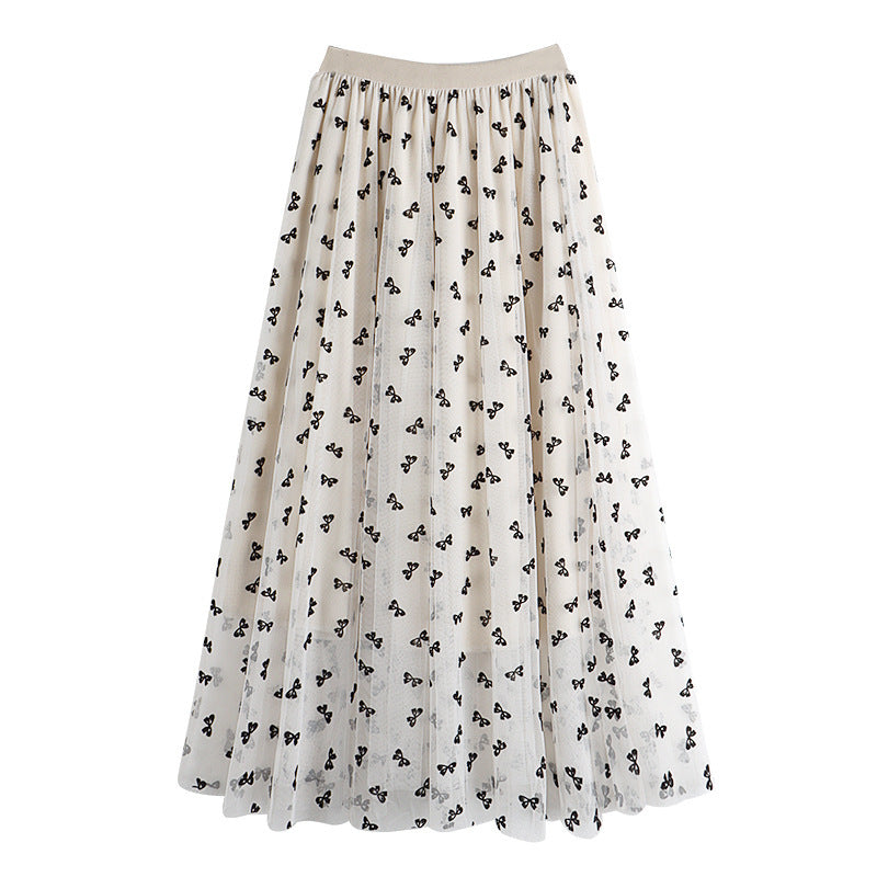 Butterfly Flocking Mesh Half-Length Pleated Skirt
