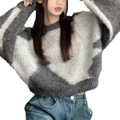 Vintage Contrast Color Round Neck Sweater