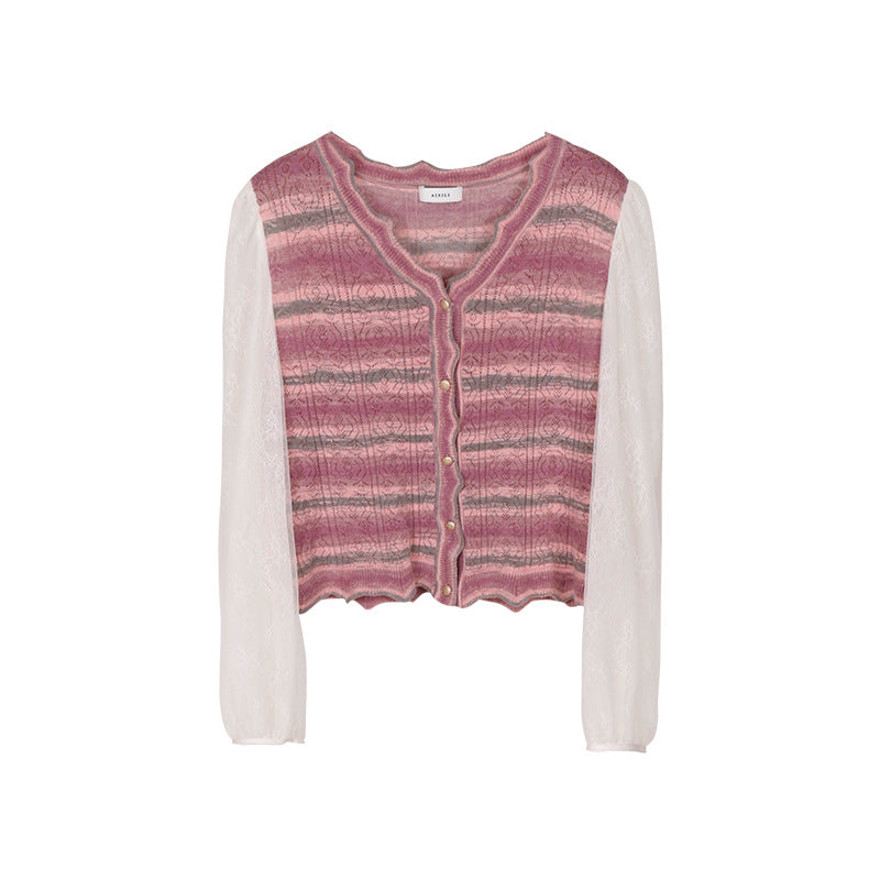 Contrast Color Striped Lace Knitted V-neck Shirt