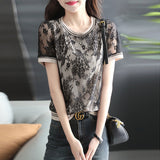 Black, Short Sleeve round Neck Lace T-shirt