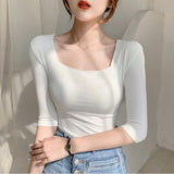 Square Collar Skinny Solid Color T-Shirt