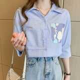 Striped Printed Elbow Sleeve Loose Shirt
