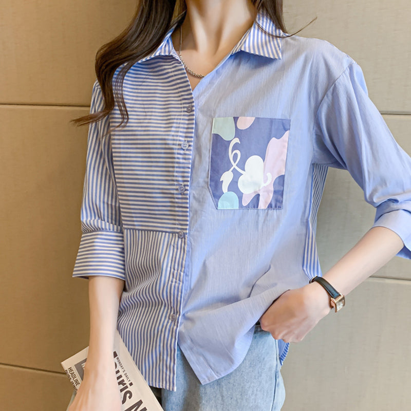 Striped Printed Elbow Sleeve Loose Shirt