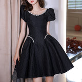 Black Dress with Diamonds Square Collar Dress