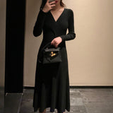 V-Neck Long Sleeve Midi Knitted Dress