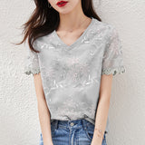 Round Neck Flounce Embroidered Casual T-Shirt