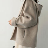 Short loose solid color woolen hooded jacket