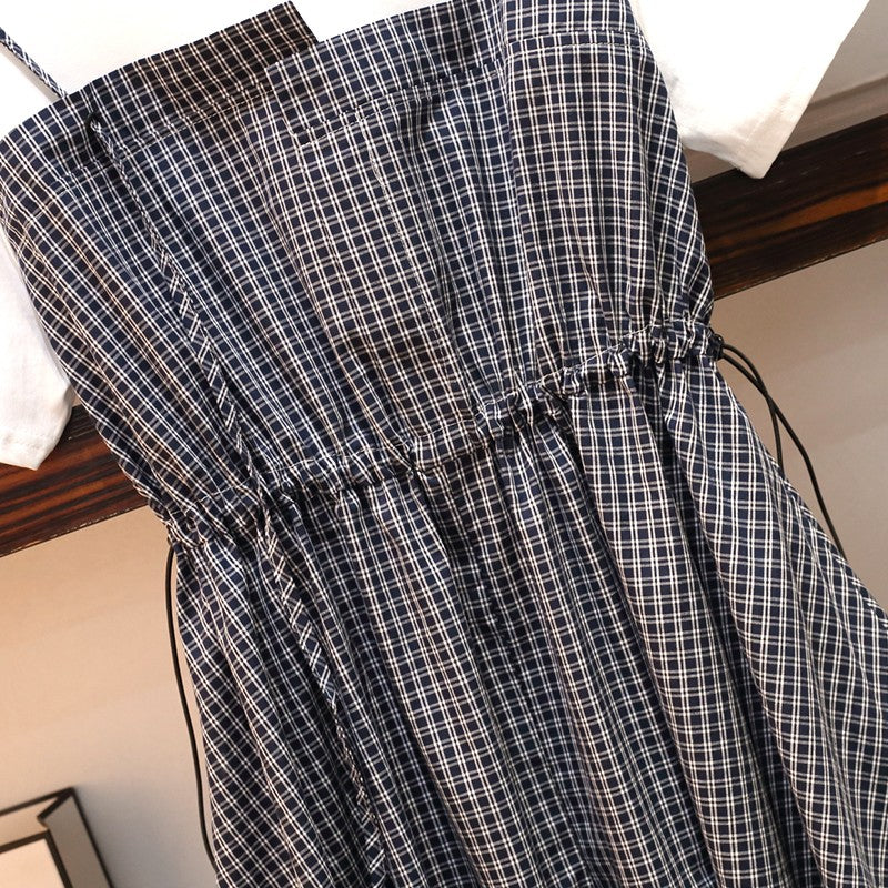 Asymmetric Plaid Drawstring Patchwork Casual Dress